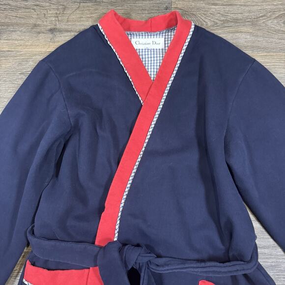 Vintage CHRISTIAN DIOR Blue Red Fleece Bath Robe Lounging Tie Belt Mens L - Picture 2 of 14